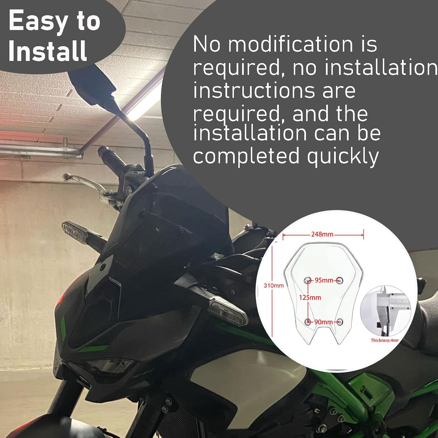 2025 z900 Increased Width Height 60mm High-Impact Resistant Windscreen Panel Motorcycle High Windshield Compatible for KA&WA&SA&KI Z900 SE z900 se 2025- Front Fly Screen (Blacksmoke)