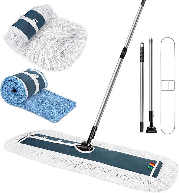 MASTERTOP Commercial Dust Mop, 90cm Heavy Duty Industrial Flat Mop with 2 Reusable Washable Pads, Microfibre Floor Mop for Office Mall Garage Warehouse Deck