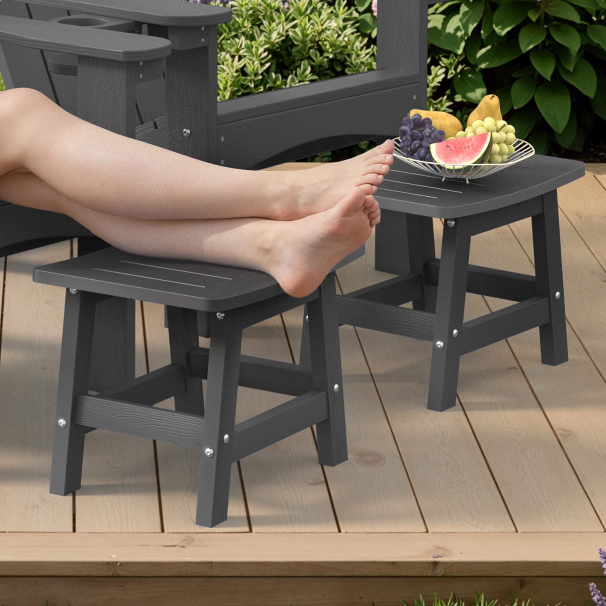 LUE BONA Garden Footstools Set of 2, HDPS Outdoor Ottomans, 136kg Heavy Duty Footrests for Adirondack Chairs, Weather Resistant Patio Side Tables, Dark Grey