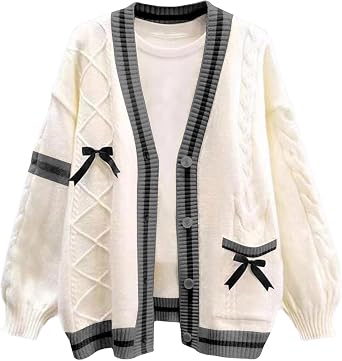 Womens Cute Sweet Cardigan Sweater Long Sleeve V-Neck Bowknot JK School Uniform Cardigans Knitted Sweaters