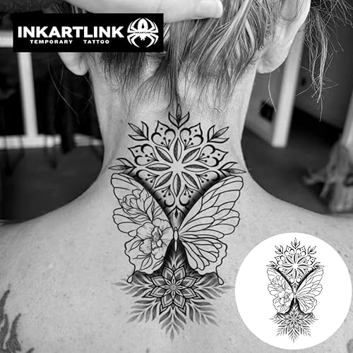 INKARTLINK Semi Permanent Tattoo, creative female hand party tattoo, exquisite realistic design, interesting tattoo experience, cruelty-free, non-reflective, waterproof (Dragonfly 2)(Mandala Butterfly)