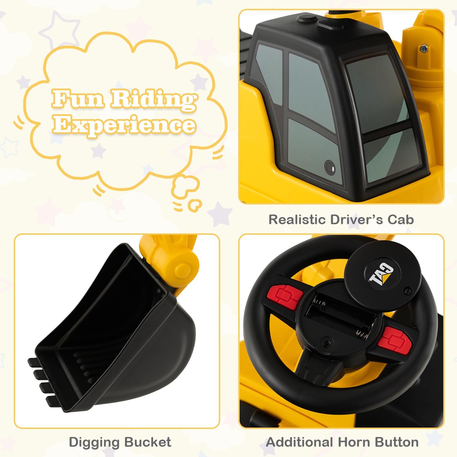 SOARS Sitzbagger, Kinderbagger mit Lenkbarer Schaufel, Rutschauto mit Hupe, verstecktem Stauraum & Kippschutz, Bagger zum Draufsitzen bis 25 kg belastbar, für Kinder ab 1 Jahr