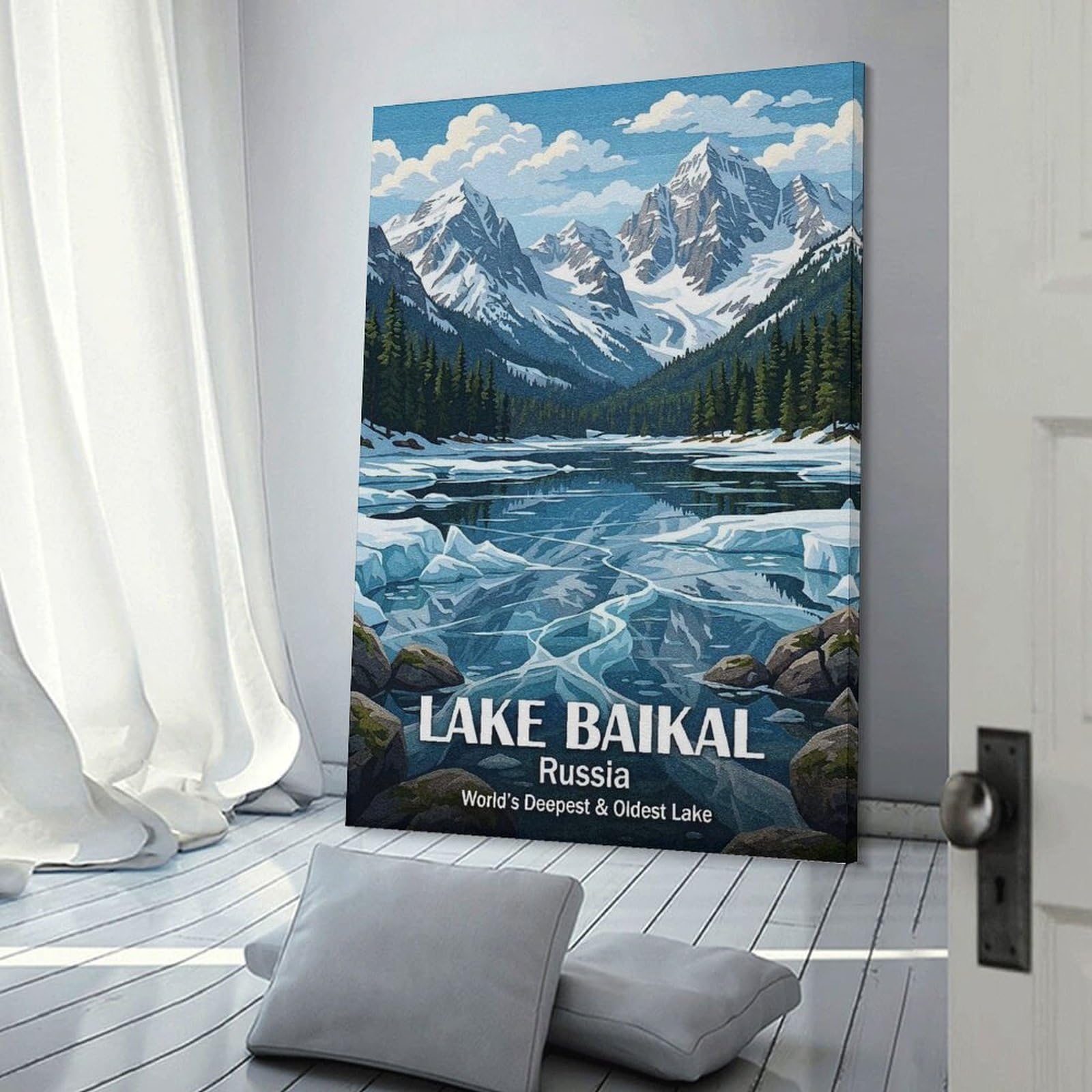 Junmoney Lake Baikal, Russia Winter Landscape Canvas Wall Decor 24x36inch(60x90cm), for Lounge, Study, Hallway Or Flat Walls, Canvas Wall Art That Fits Changing Layouts