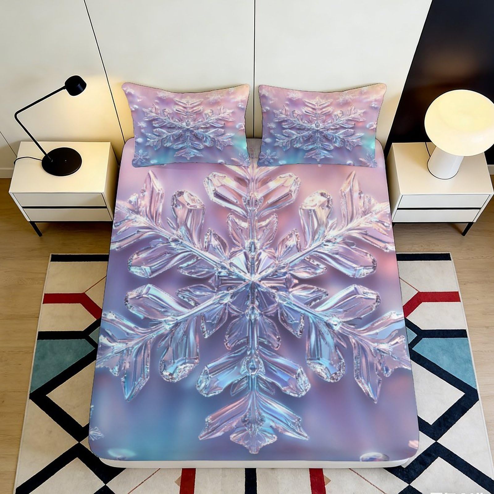 Pnayamiorkfel Style-4 3D Printed Crystal Snowflake Fitted Sheet Microfiber Soft Purple Blue Mattress Cover For Bedroom Guest Room Decor 90X200x25cm
