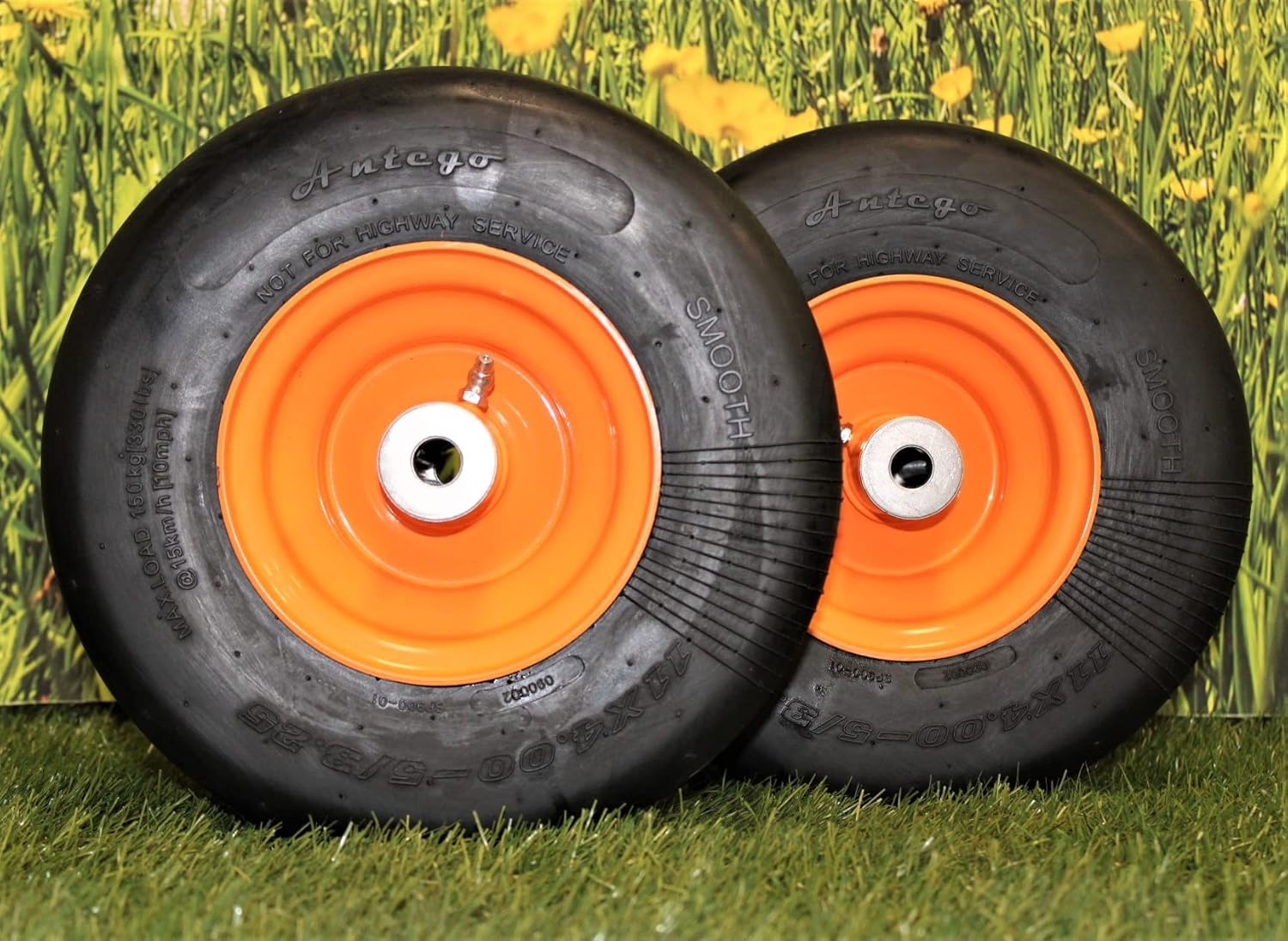 Set of 2-11x4.00-5 Flat Free Tire and Wheel Assemblies for Scag Mowers - Compatible with SFZ36, SFZ48, SFZ52, SZL48, SZL52, 9276, 483048, 15690 - "Cats Eye Gold" Powder Coated