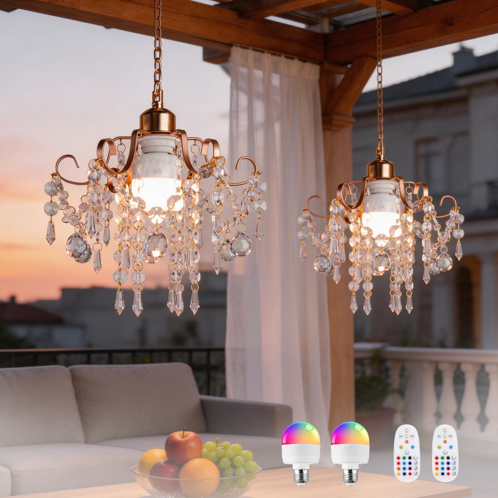Photo 1 of Battery Operated Chandelier 2 Pack, 5000mAh Rechargeable Pendant Light with Remote, RGB Dimmable No Wiring Acrylic Crystal Beaded Hanging Lamp for Indoor Outdoor Patio Gazebo Bedroom Ceiling Decor