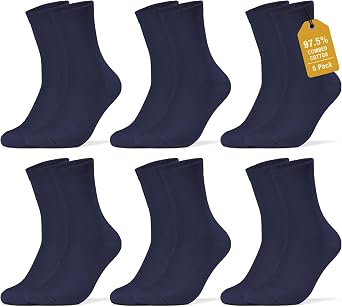 6 Pack Mens Crew Dress Socks 97.5% Combed Cotton Size 8-13 | Lightweight,Breathable,Moisture-wicking,Ribbed Elastic Cuff,Soft,Comfy,Machine Washable,Ideal for Wedding Business & Casual