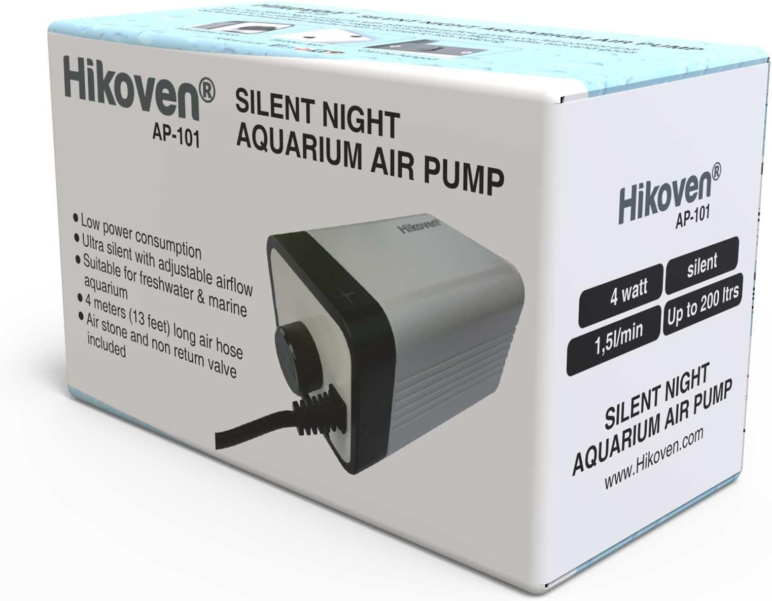 Hikoven Silent Night Quiet Aquarium Air Pump with Adjustable Air flow Complete Set - Air Stone Air Tube and Non Return Valve