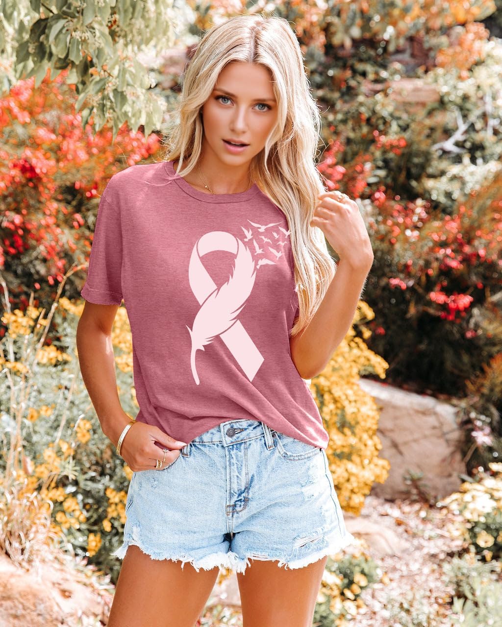 Pink Ribbon Shirts for Women Breast Cancer Awareness T-Shirt Inspirational Breast Cancer Short Sleeve Blouse Tops - Image 4