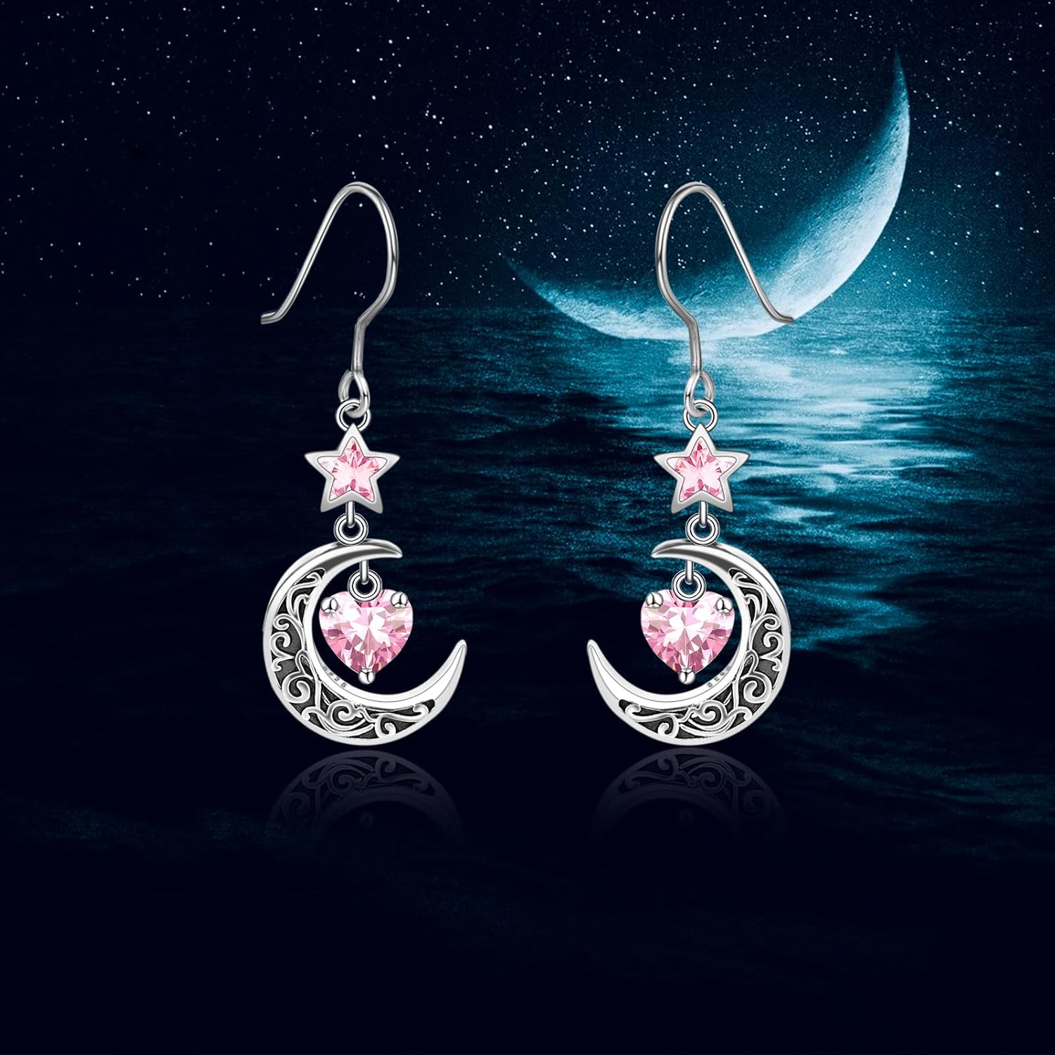 Shysnow Moon Birthstone Earrings for Women 925 Sterling Silver Half Moon Star Dangle Drop Earrings with Heart Crystal Birthday Jewelry for Women