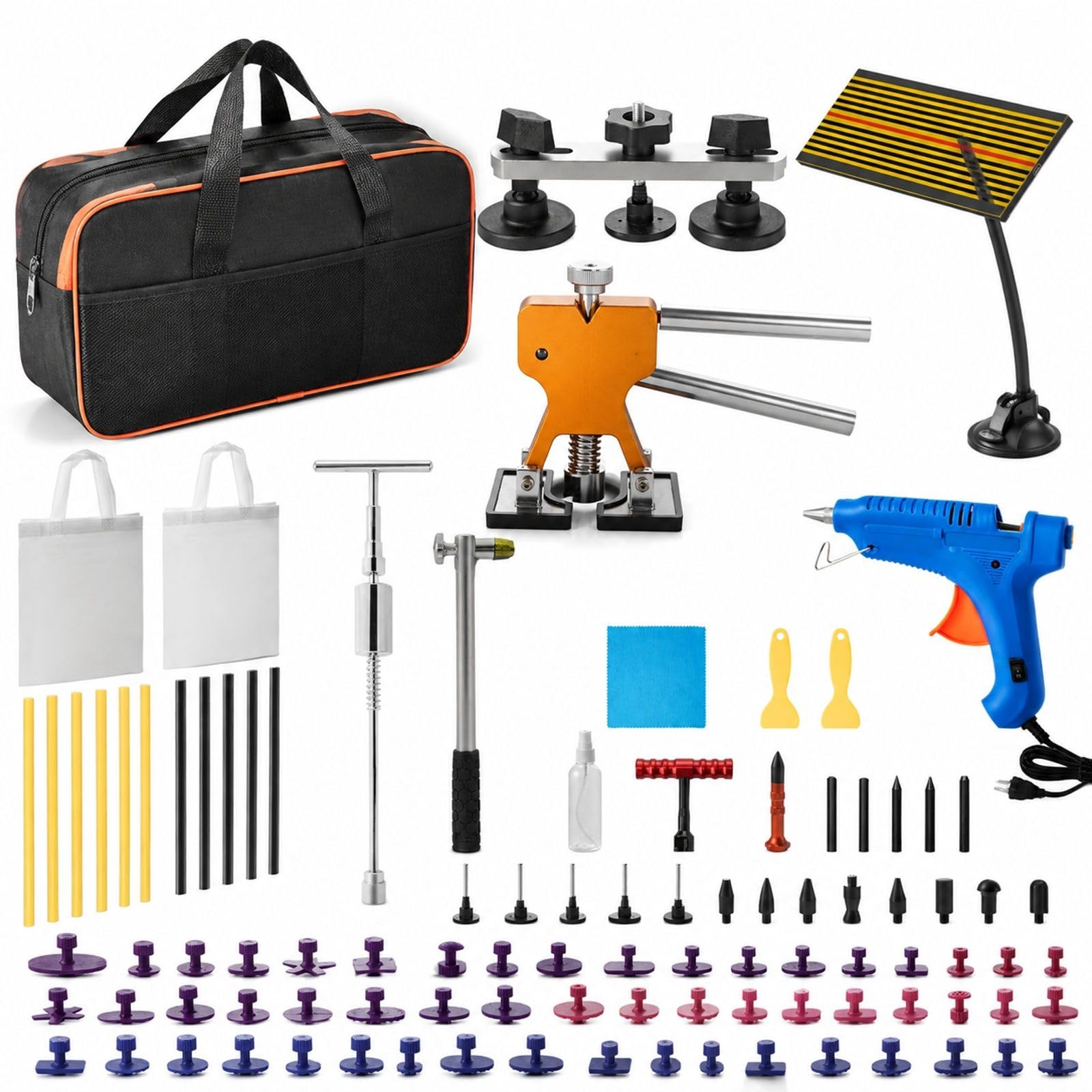 Zestaw do naprawy wgnieceń samochodowych 89 elementów z wyciągaczem, mostkiem, młotkiem ślizgowym, pistoletem do kleju, panelem LED, gumą, aluminium i plastikiem do metalowych powierzchni