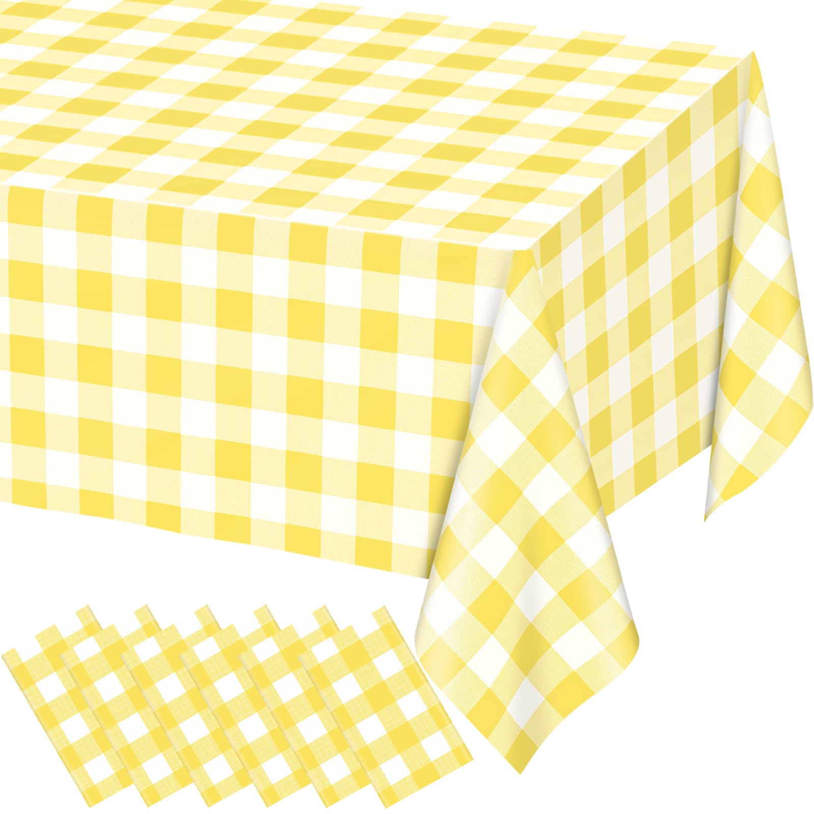 WNINK 6 Pack Light Yellow Gingham Rectangular Plastic Tablecloths, Yellow and White Checkered Disposable Table Covers 54" x 108" for Birthday, Wedding, Bridal Shower, Outdoor Picnic Camping Parties