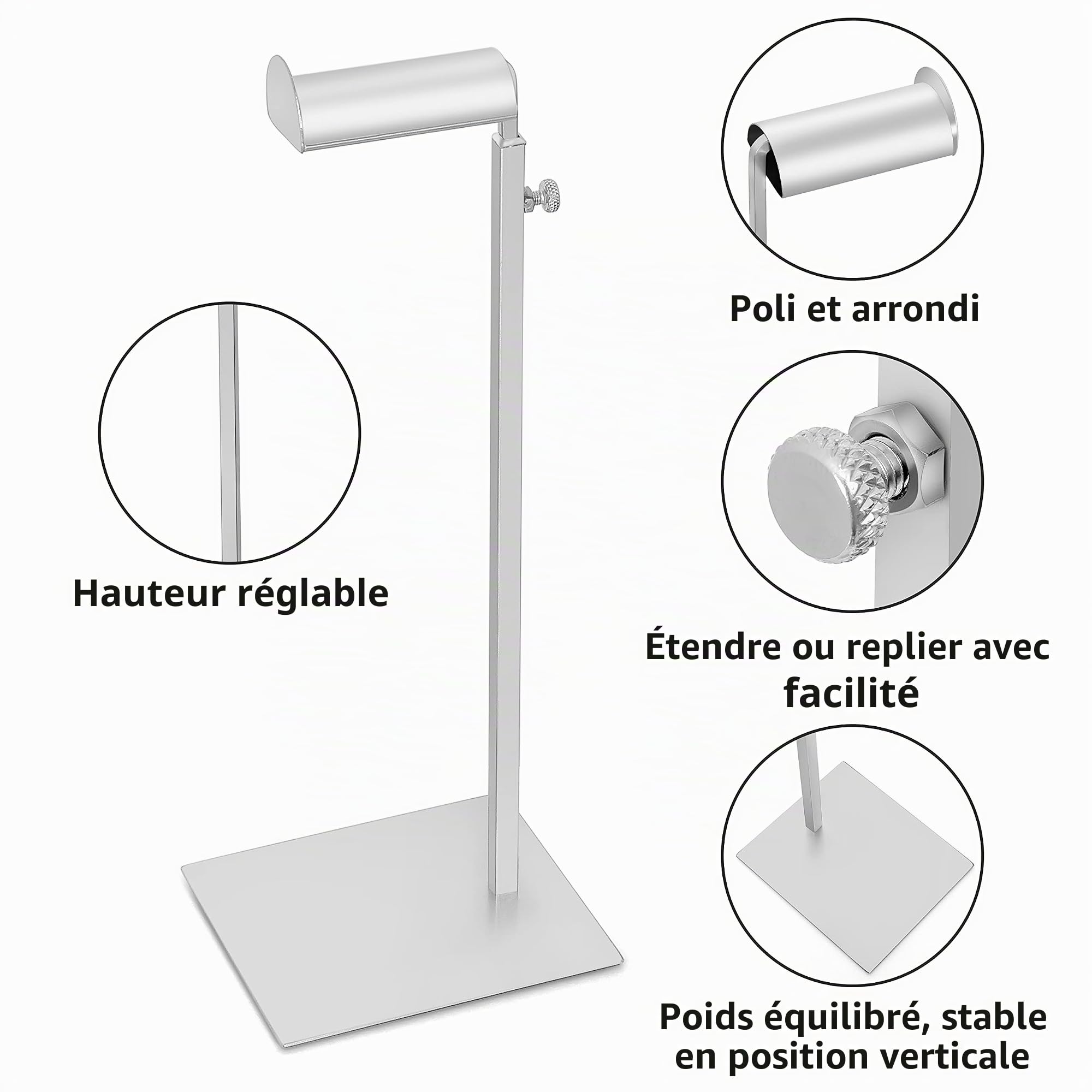 Porte Sac à Main Réglable [Lot de 2] - Presentoir Sac a Main, Chapeaux & Bijoux - Support Sac a Main en Acier Inoxydable Réglable en Hauteur, Base Plate Stable - Argent Métallique Brillant