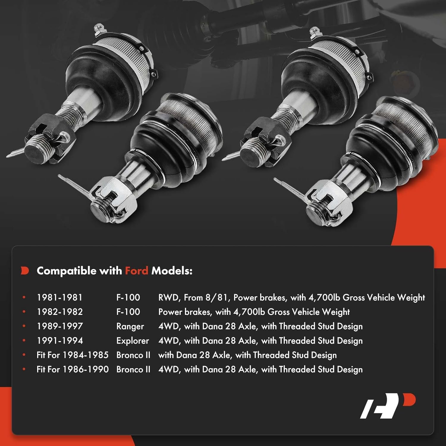 A-Premium Set of 4, Front Upper & Lower Ball Joints Kit, Compatible with Ford F-100 1981-1982, Explorer 1991-1994, Ranger 1989-1997, Bronco II 1984-1990