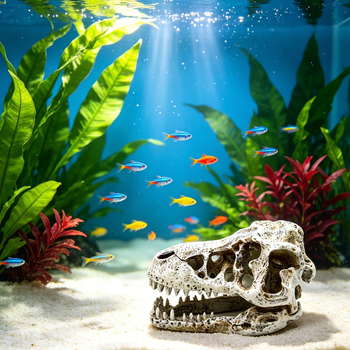 Dinosaurier-Schädel Aquarium Dekoration, Harz Fischbecken Deko, 15x9x8cm, Versteck für Fische, Reptilien Unterschlupf Höhle, Set 1 2 4 (Groß 4 STK.)