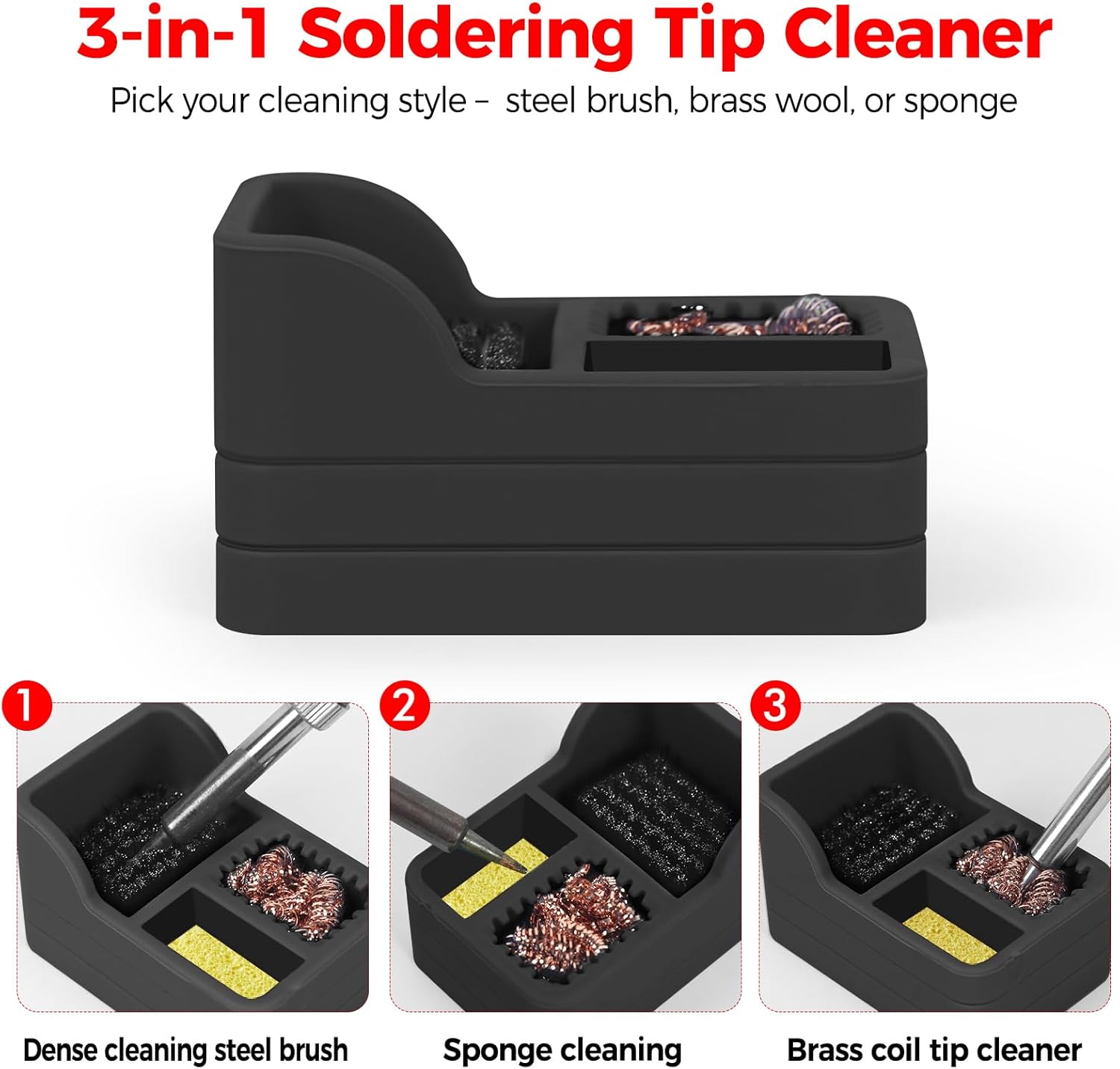 Soldering Iron Tip Cleaner Kit with Brass Wool, Sponge & Steel Brush in Black Silicone Holder – Heat & Scratch Resistant Cleaning Tool for Soldering, Electronics Repair & DIY Projectst