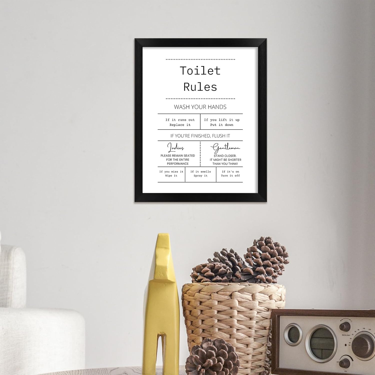 TUXVAKY Black and White Wall Art Funny Bathroom Pictures Wall Decor Wash Your Hands Toilet Rules Sign Bathroom Decor