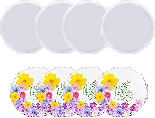 Paquete de 4 moldes para posavasos para fundición de resina, molde redondo con borde de diamante, molde de bandeja grande de silicona de resina epoxi