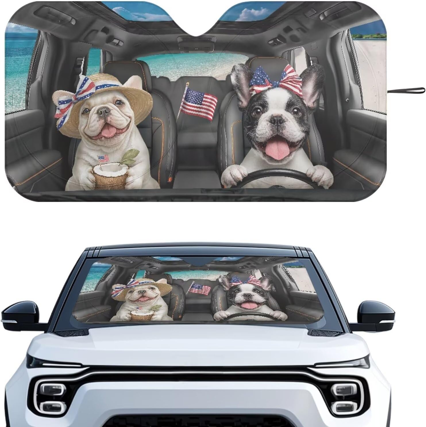 Tuoxiukan Boston Terrier Sun Visor for Car Windshield Funny UV Rays Protection Folding Window Sunshade Patriotic Car Accessories for Large SUV Truck Hatchback