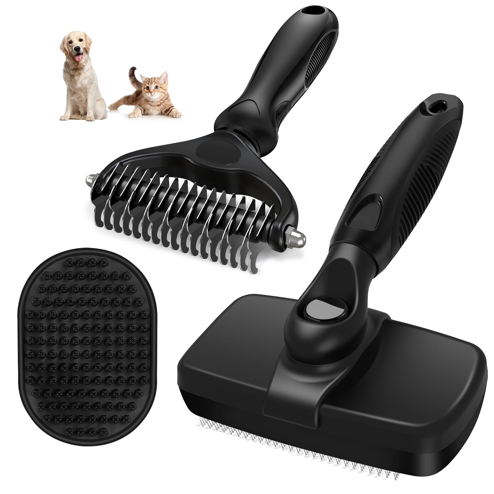 3PCS Dog Brush I Dog Brush for Shedding I Deshedding Dog Brush I Dog Bath Brush I Slicker Brush For Dogs I Dog Comb (White Black)