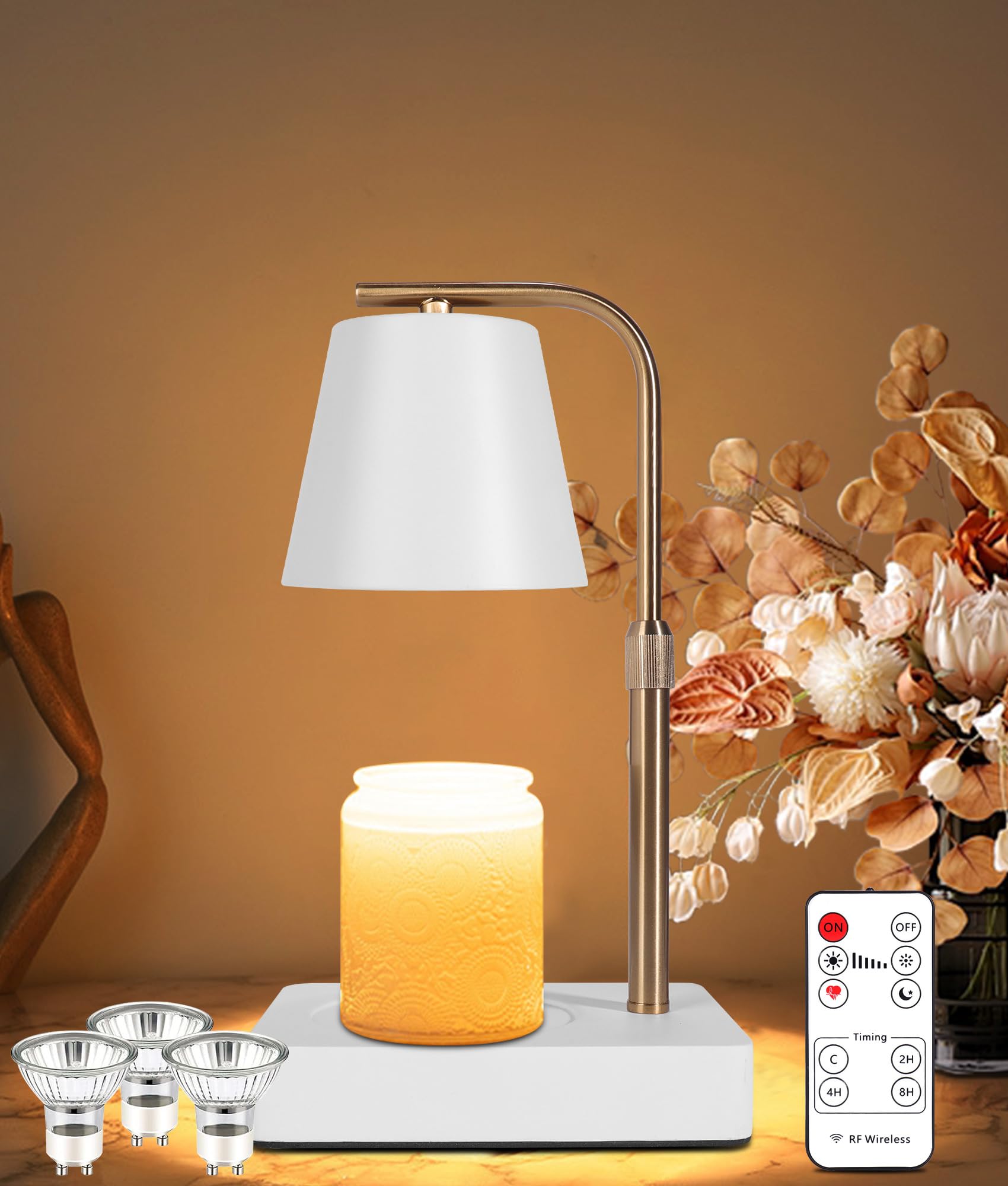 cjcCandle Warmer Lamp, Adjustable Height Electric Candle Lamp Warmer w Remote, Timer, Dimmable, Home Decor, Wax Melts Warmer for Jar Candles with 3 Bulbs