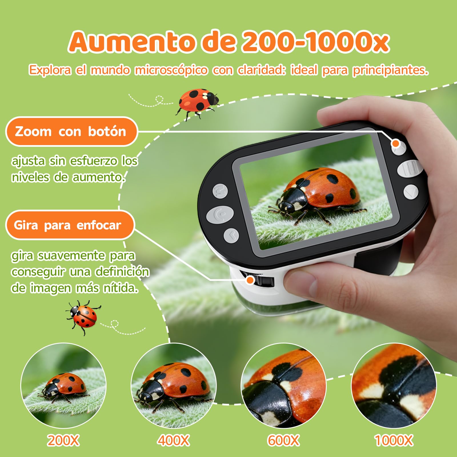 200x-1000x Microscopio para Niños, Pantalla IPS de 2 Pulgadas, con Trípode Mini y Tarjeta Micro SD 16GB, Juguetes Regalo Niños 4-12 Años