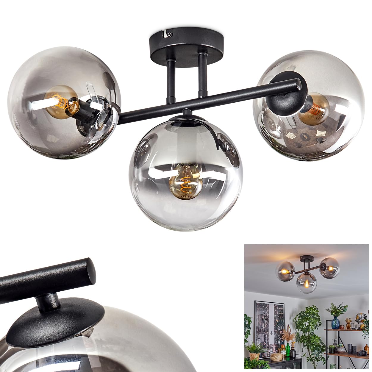 Hofstein Silver, Black Ceiling Lamp Gastor, 3-Burner Ceiling Lamp Made Of Metal/Glass In Black/Smoke/Clear, Modern Luminaire In Retro/Vintage Design (Shades Ø 15 Cm), E14, Dining Room, Living Room, Kitchen, Hallway