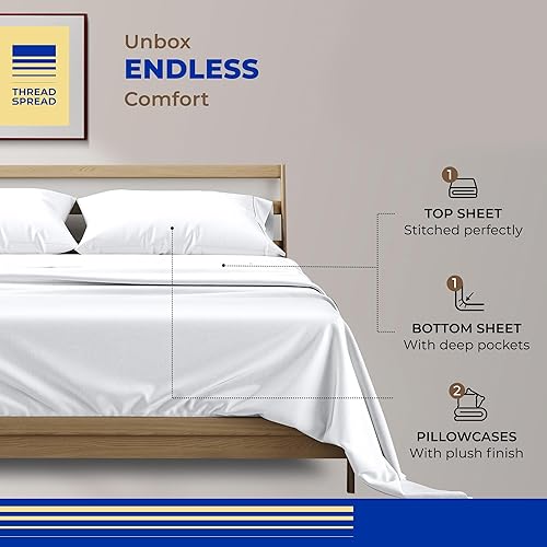Miniatura 3 de Thread Spread - Juego de sábanas de 100% algodón egipcio con tejido de satén de 800 hilos de la colección Exotic Hotel, color blanco y marfil Blanco