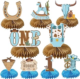 Gameza Cowboy 1st Birthday Decorations - My First Rodeo Birthday Party Supplies Boy Western Honeycomb Centerpieces Blue First Rodeo Birthday Party Decorations Wild West 1st Birthday Party Table Decor