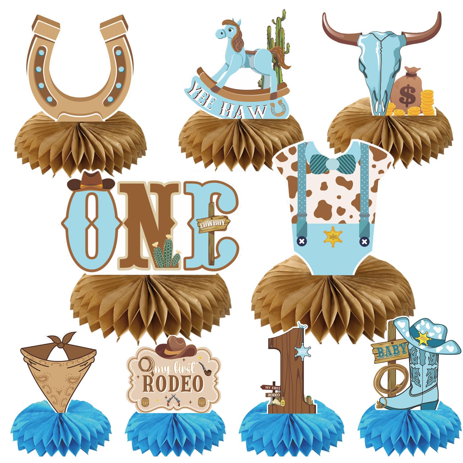 Gameza Cowboy 1st Birthday Decorations, My First Rodeo Birthday Party Supplies Boy, Western Wild West 1st Honeycomb Centerpieces Table Decor