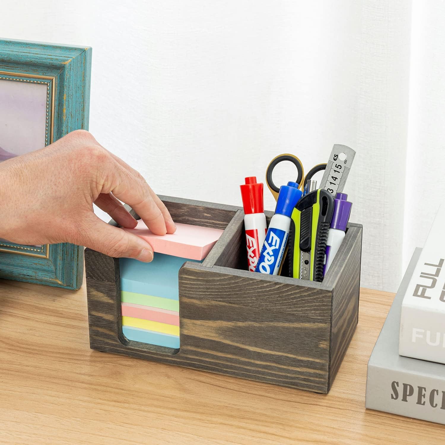 MyGift Rustic Vintage Gray Solid Wood Sticky Note and Stationery Holder Stand, Office Desktop Storage Caddy for Self Adhesive Memo Pads Pen Pencil Cup
