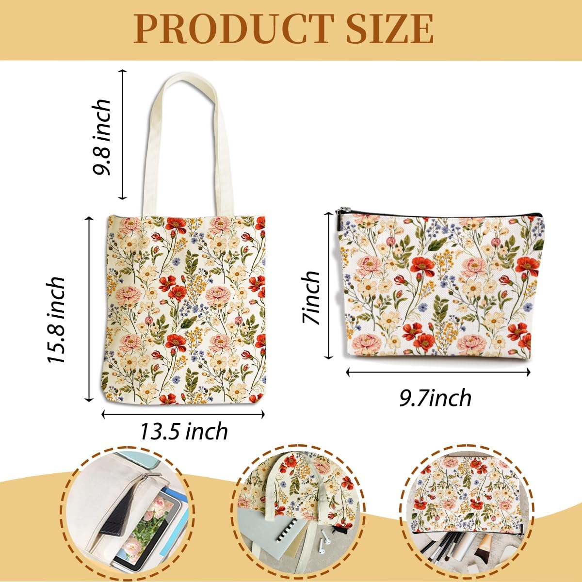 Flower Plant Lover Gifts for Women Canvas Tote Bag with Makeup Bag Cosmetic Bags Grocery Bags for Shopping Christmas - Image 4