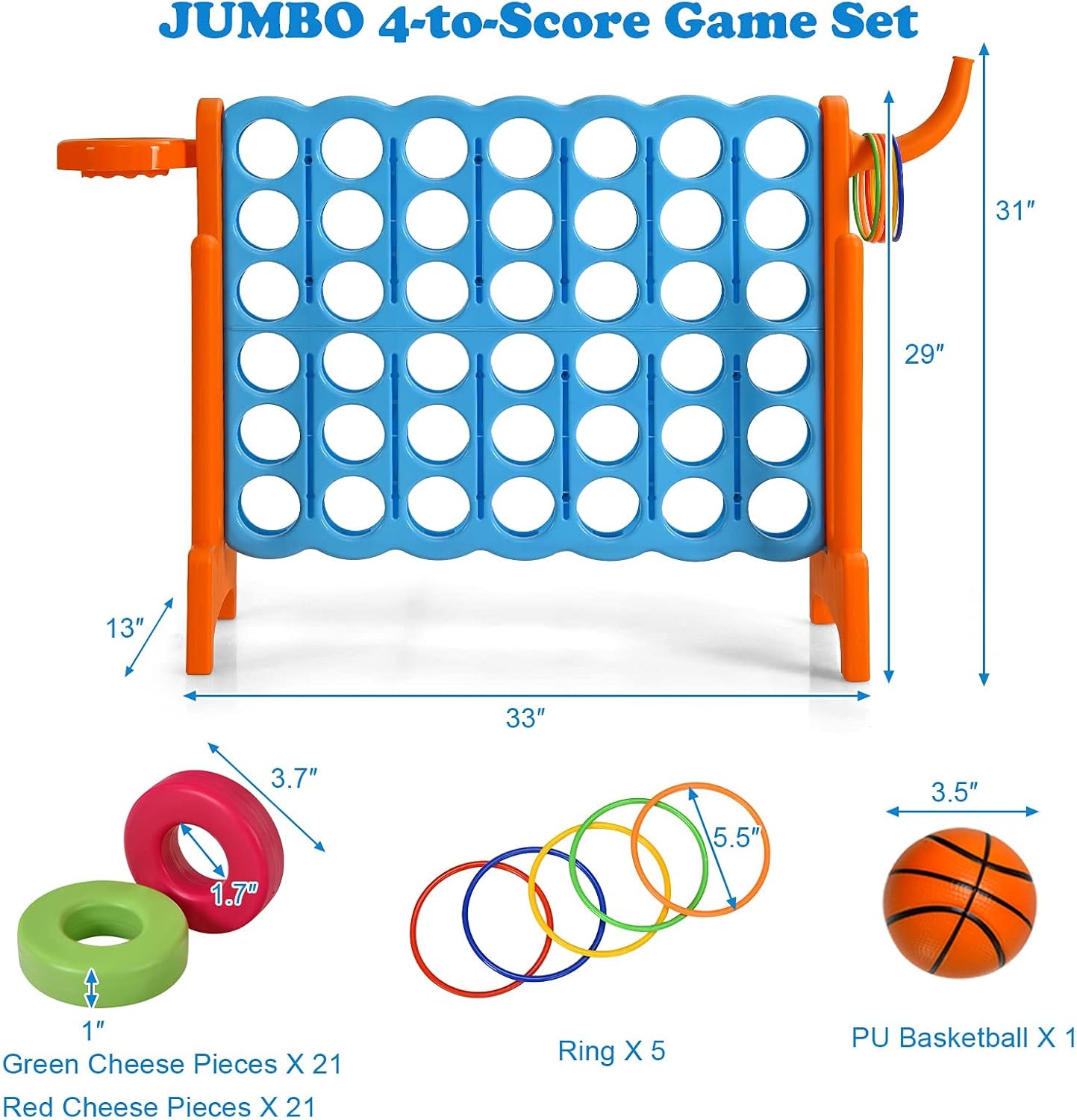 Costzon Giant 4-in-A-Row, Jumbo 4-to-Score Giant Game w/Carrying Bag, Basketball Hoop, 42 Jumbo Rings, Quick-Release Slider, Indoor Outdoor Family Connect Game for Kids & Adults, Backyard Games