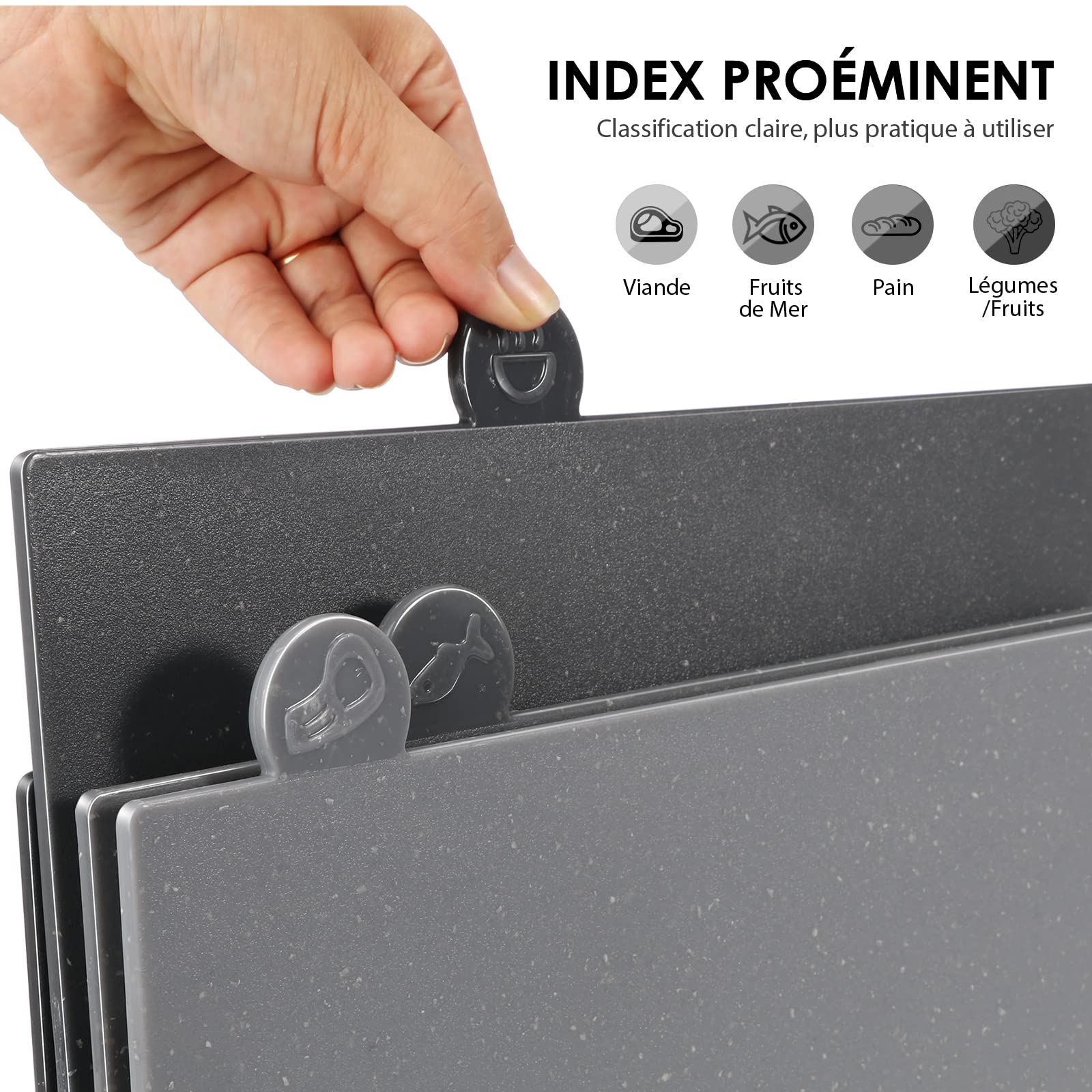 MASTERTOP Ensemble de 4 Planches à Découper Index, Planche à Découper Plastique Antidérapant avec Etui de Rangement, pour Préparation Séparée des Différents Aliments (Gris Dégradé)