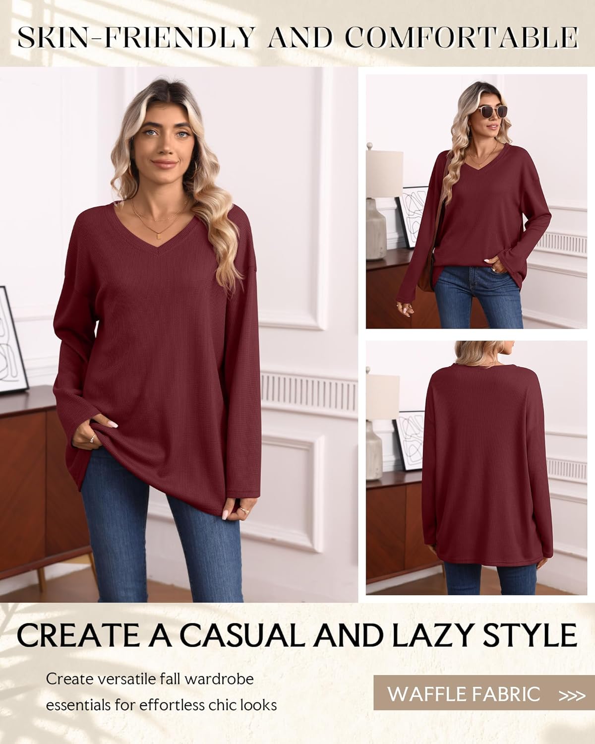Women's Waffle Long Sleeve Tops, Oversized V Neck Knit Shirts Casual Fall Pullover Sweaters Loose Fit Tunic Tshirts - Image 5