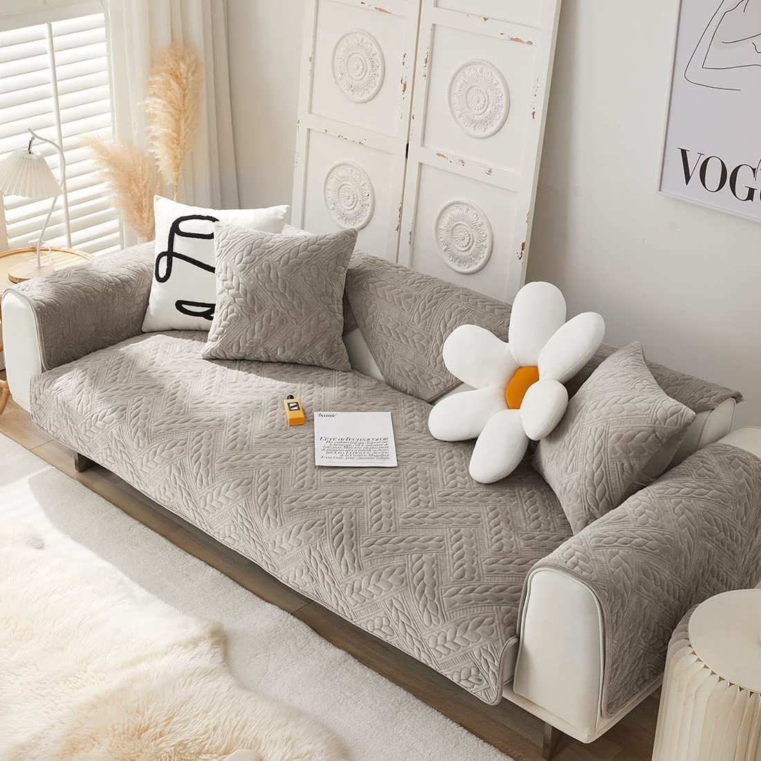 Vctops Farmhouse Thick Velvet Sofa Cover Soft Plush Couch Cover