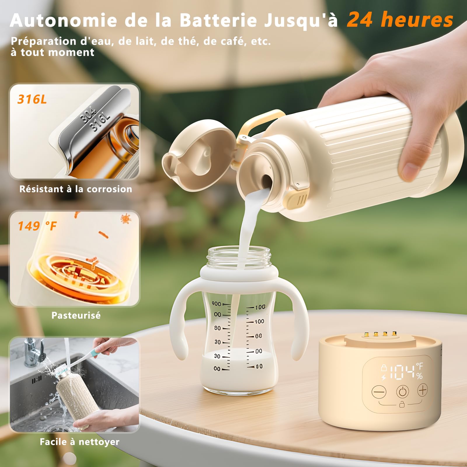 Robofun Chauffe Biberon Portable pour Nomade sans Fil, Chauffage Rapide et Grande Capacité De 500 ml, Longue Autonomie pour Toute la Journée