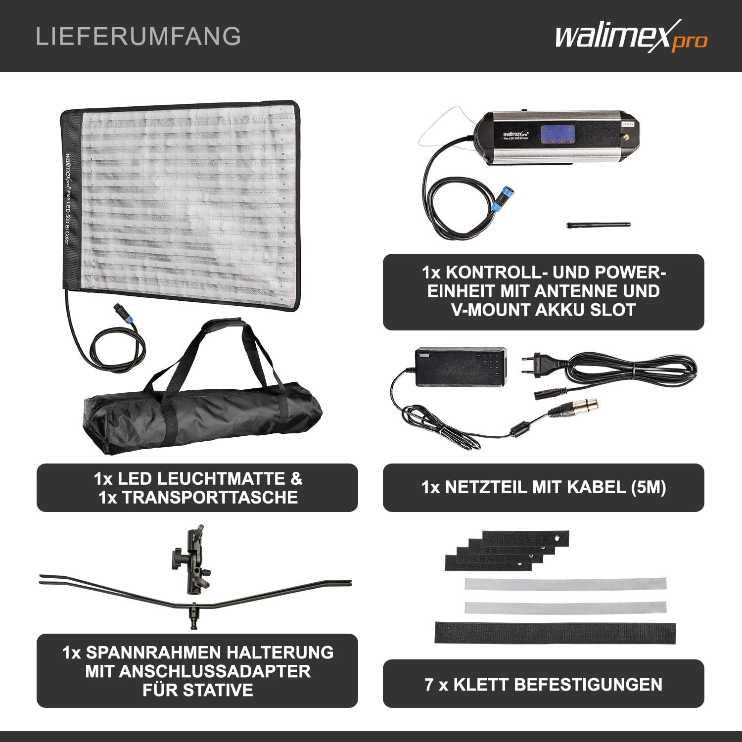 Contents of the Walimex pro Flex LED 500 Bi Color package