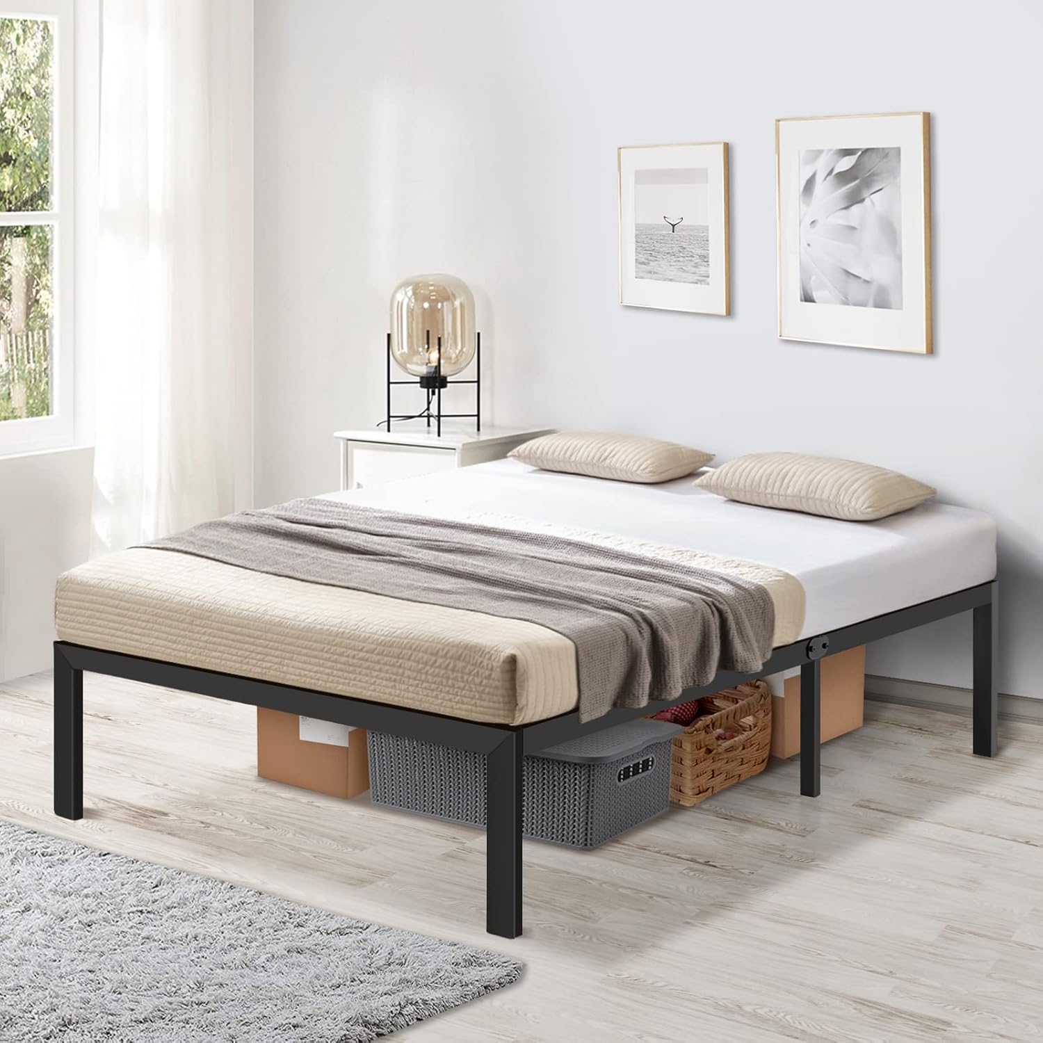 AKSG Twin Bed Frame 14 Inch Metal Bed Frame with Storage Twin Size Platform Bed Frame No Box Spring Needed Heavy Duty Steel Slat and Anti-Slip Support Easy Quick Lock Assembly Black