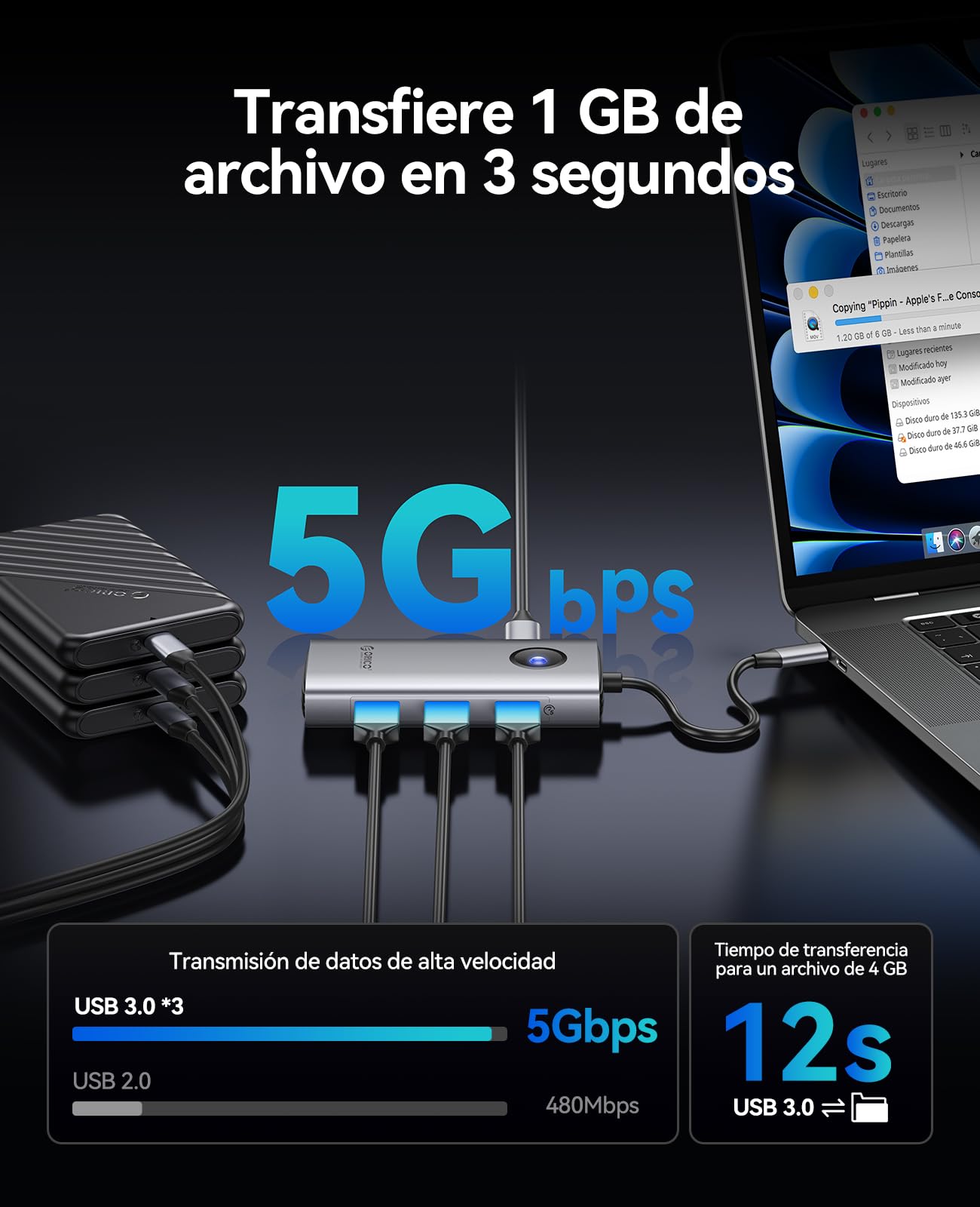 ORICO Docking Station, 6 EN 1 Hub USB C con HDMI 4K@30Hz + PD100W + 3 Puertos USB 3.0+Ethernet, Multipuerto USB 3.0 Adaptador Compatible con MacBook/DELL/HP/Surface