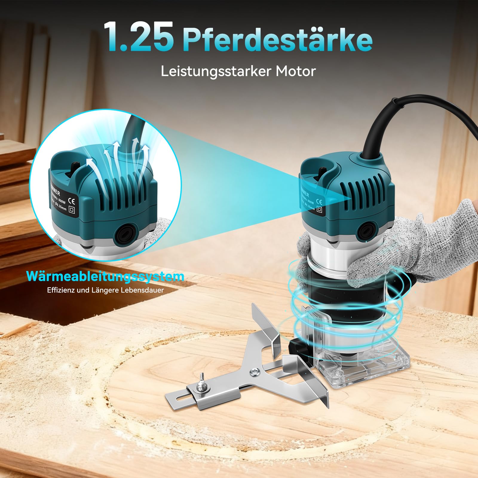 Oberfräse Kantenfräse Einhandfräse, 800W 30000 U/min Elektrischer Holzfräser Trimmer, Multifunktionsfräse mit 15 Stück 6,35mm Fräser Set für Holz, Transparente Basis| Aluminiumgehäuse