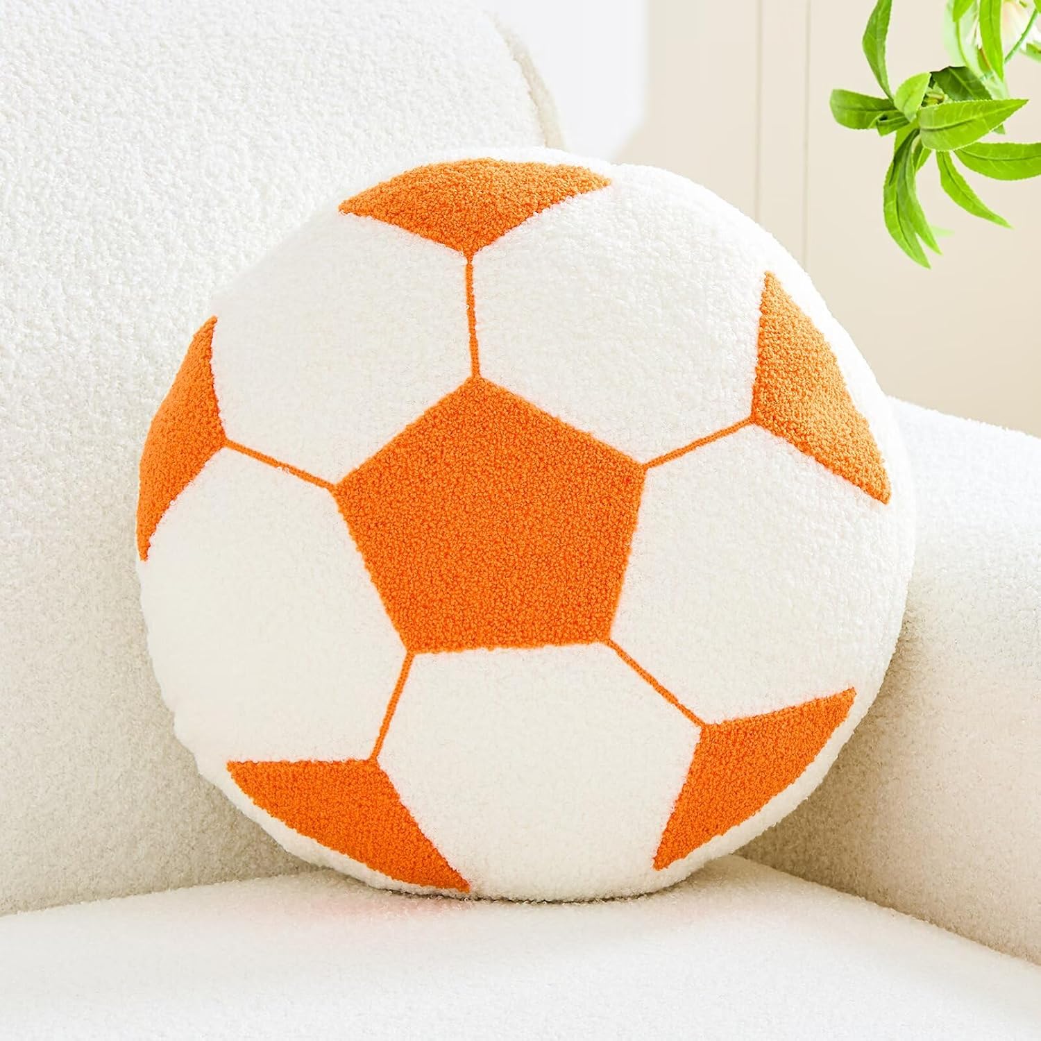 Uvvyui Soccer Pillow Football Throw Pillows Round Shaped Decorative Pillow Aesthetic Room Decor Soccerball Plush Cushion for Couch Bedroom（Orange, 15.7 Inch）