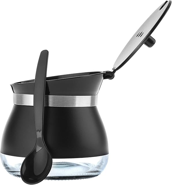 KADAX Cukiernica z łyżeczką, pojemnik na cukier 270 ml, ze szkła malowanego proszkowo, 9 x 9 cm, cukierniczka w 2 kolorach, puszka na przyprawy z pokrywką na herbatę, cukier (czarna)