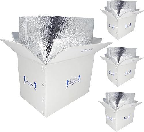 Cajas de envío aisladas de 15 x 10 x 11 pulgadas para alimentos congelados, paquete de 4 cajas de cartón con aislamiento de papel de aluminio, caja