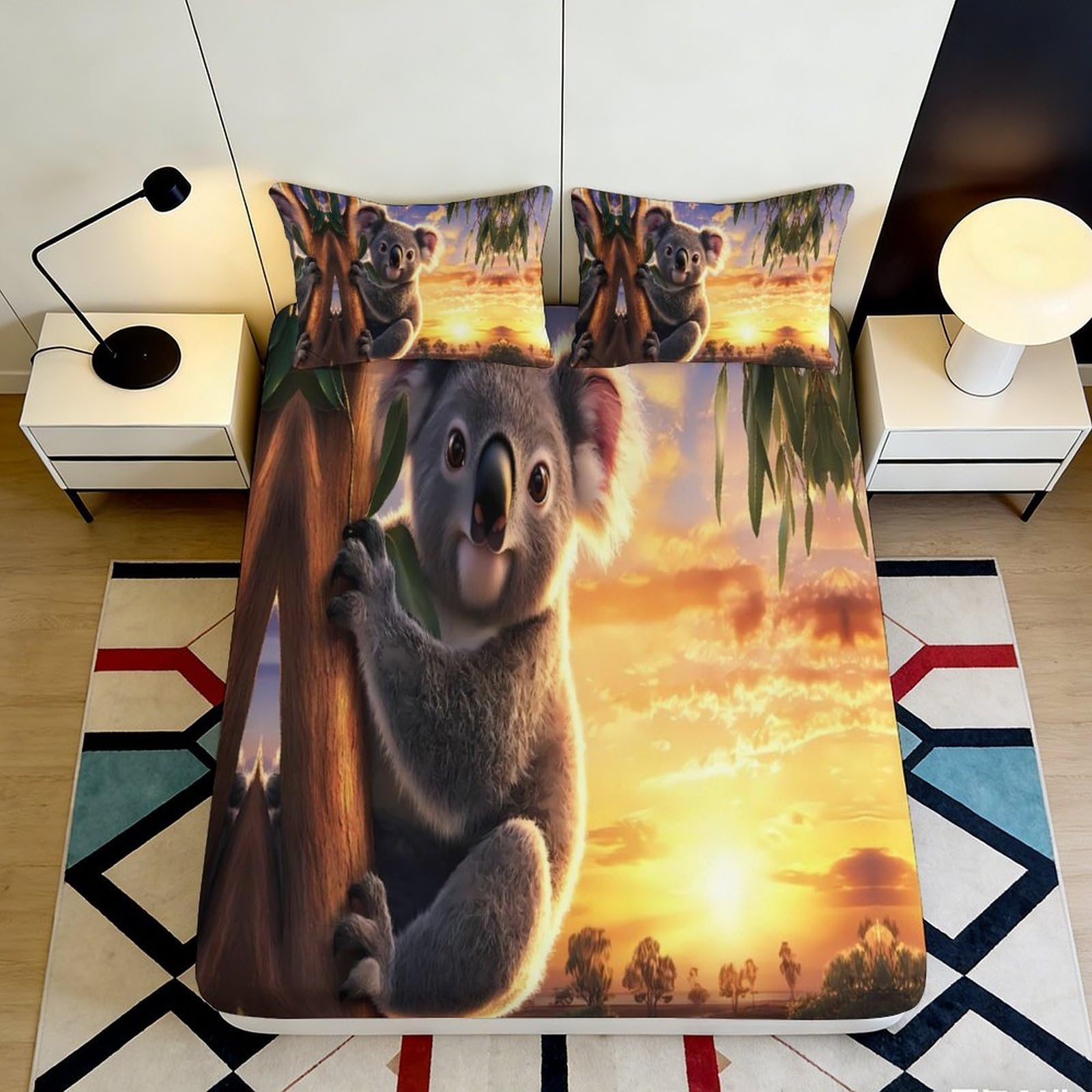 Uynsixtme Style-4 3D Printed Koala Sunset Fitted Sheet Microfiber Deep Pocket Non-Slip Bedding Set Koala Mattress Fitted Cover Washable For Bedroom 140X200x25cm