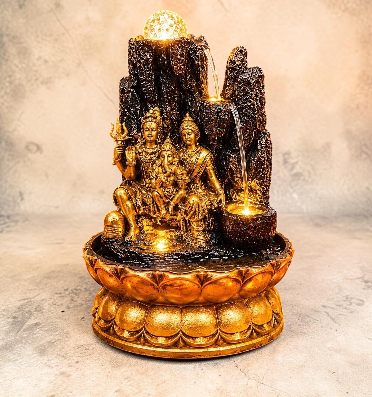 Shiv Parivar Waterfall Fountain with LED Crystal Ball | Premium Polyresin Indoor Showpiece for Mahadev Devotees, Home Decor, Living Room