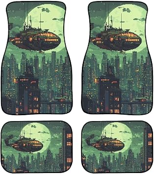 Pinupub Pixel Art Green Airship Print Car Mats Full Set No Slip Rubber Automotive Floor Liners Heavy Duty Universal Fit Front and Rear Car Foot Mats for SUV Truck Sedans