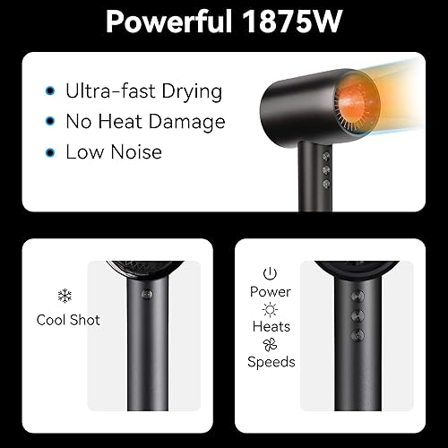 Miniatura 7 de NITION Secadores de pelo compactos potentes de 1875 vatios con difusor, concentrador. Secador de pelo pequeño para un secado rápido y suave. LED 3