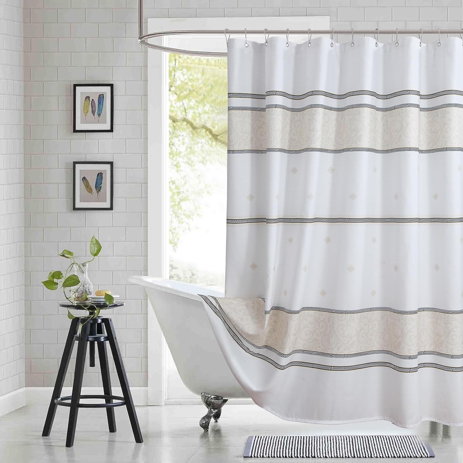 90 Inch Fabric Shower Curtain, Extra Long White Cream Black Print Waterproof Shower Curtains for Bathroom, 72" W x 90" H