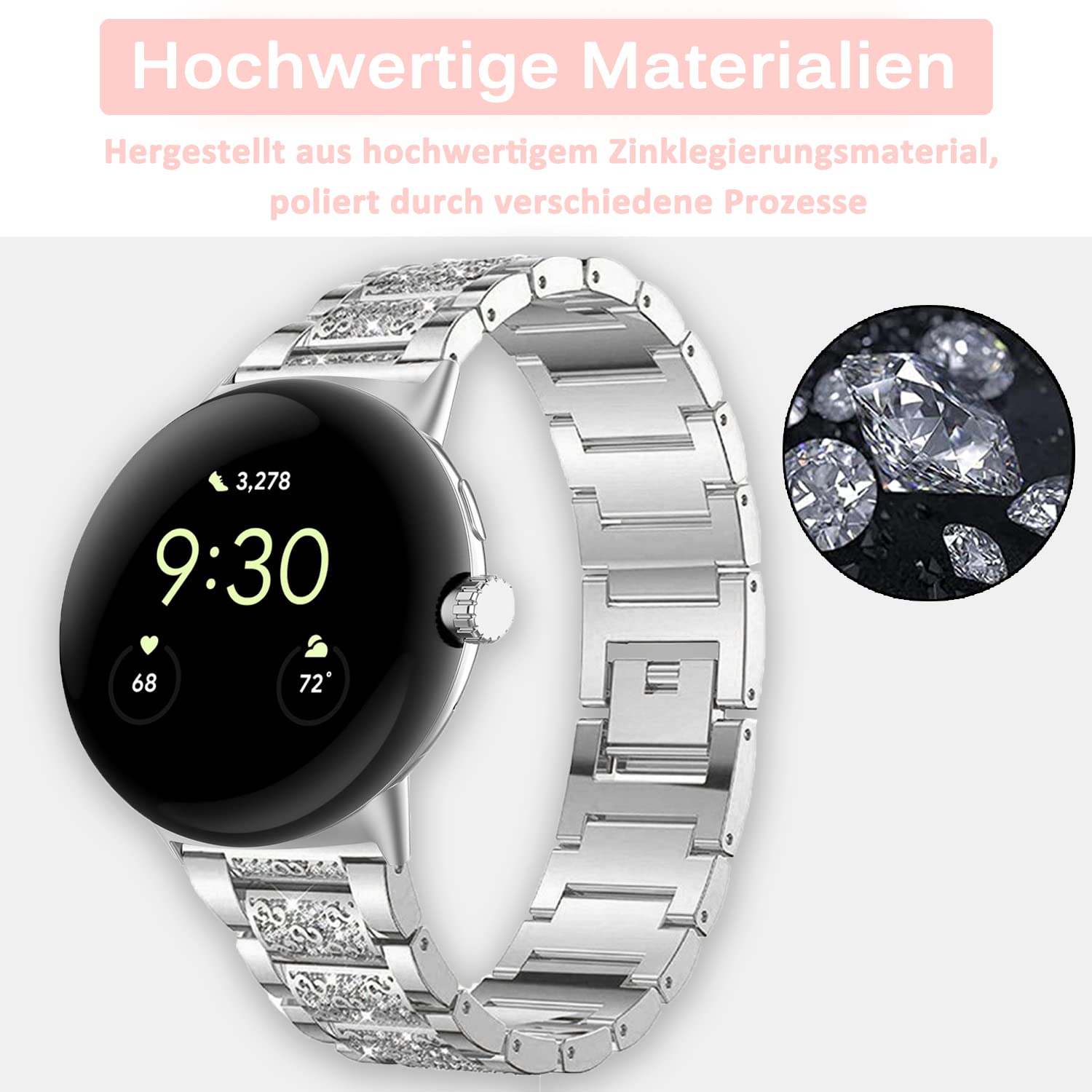 Miimall Kompatibel mit Google Pixel Watch 2/1 Armband, Glitzer Strass Diamant Metall Legierung Uhrenarmband Damen Ersatz Armbänder für Google Pixel Watch 2 2023/ Google Pixel Watch 2022 -Silber